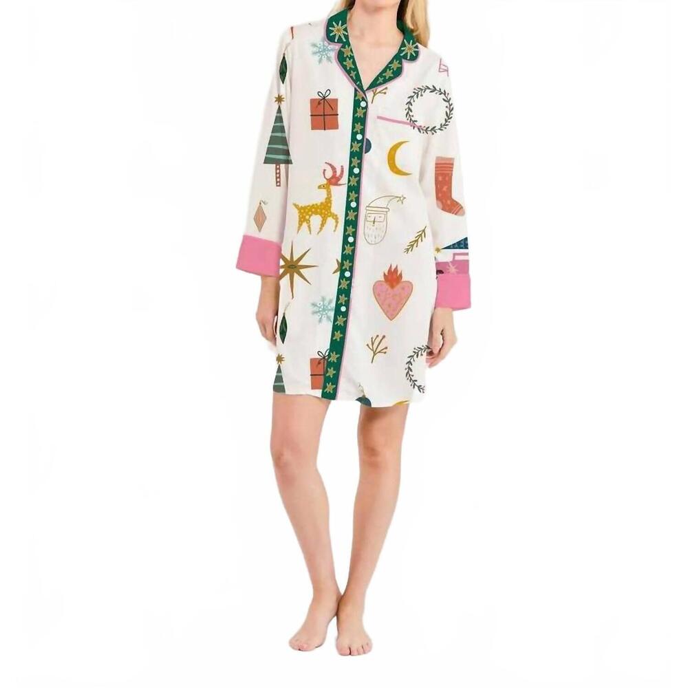 NEW KATIE KIME mod holiday sleep shirt in white/multi
